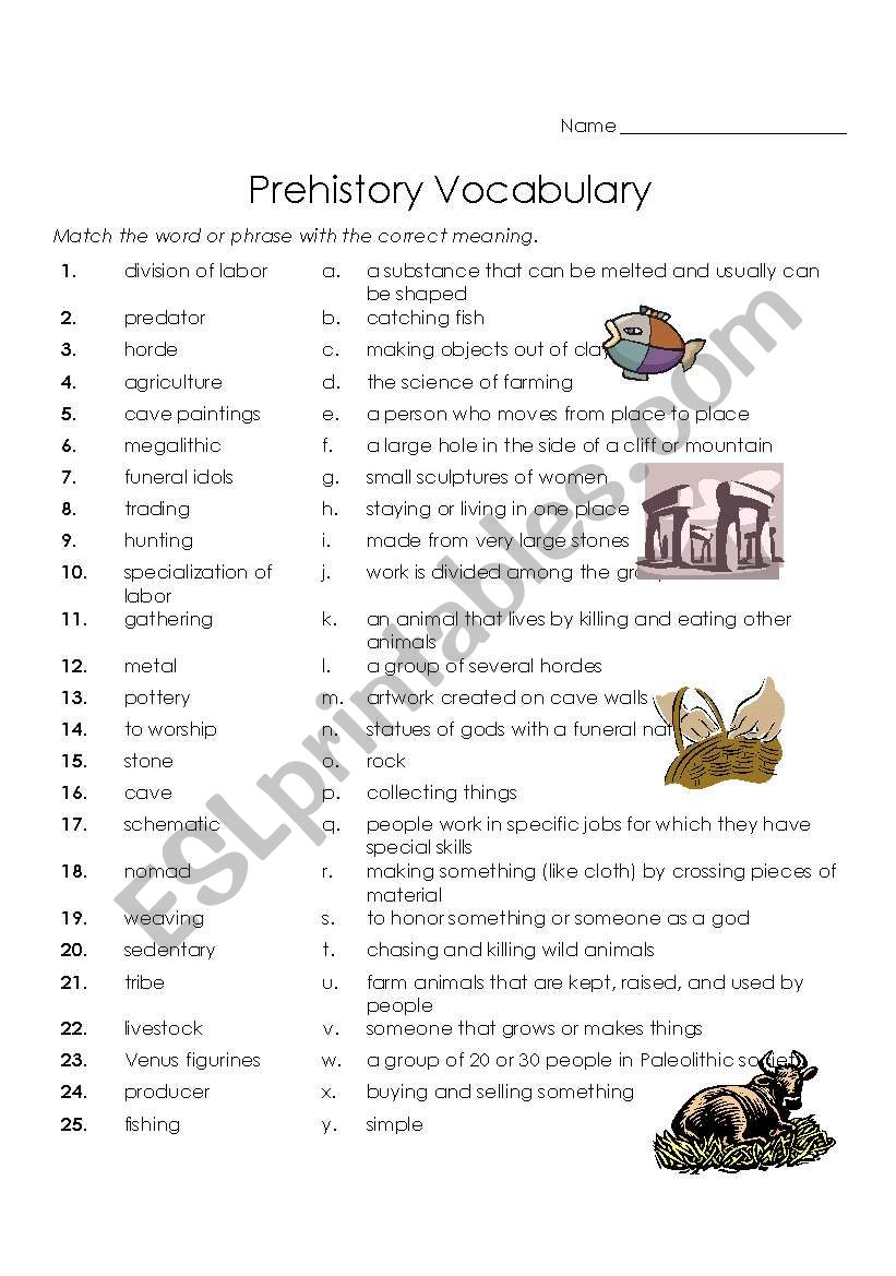 Prehistory Vocabulary Matching Worksheet