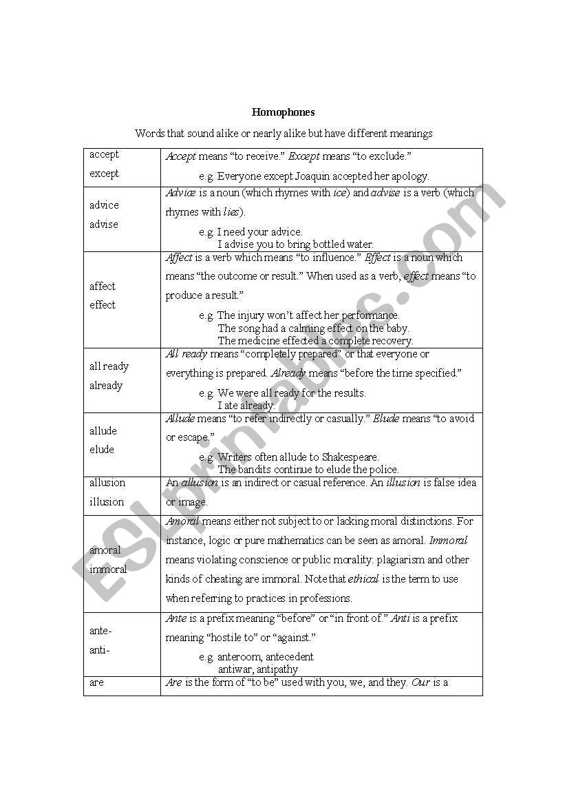 Homophones worksheet