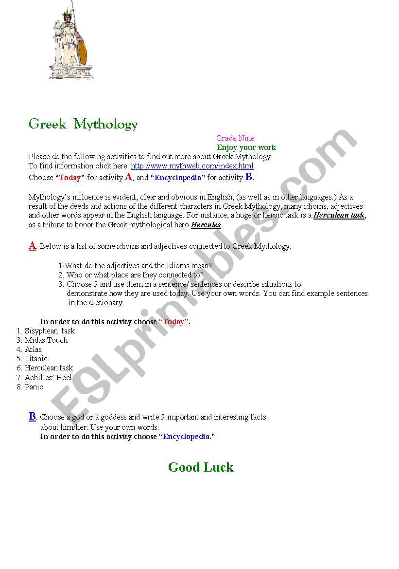 Greek Mythology worksheet