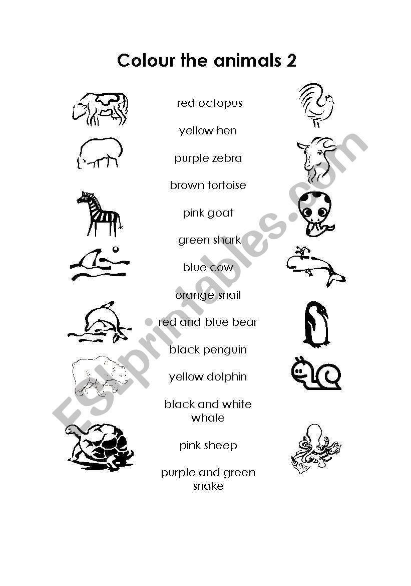 Colour the animals 2 worksheet