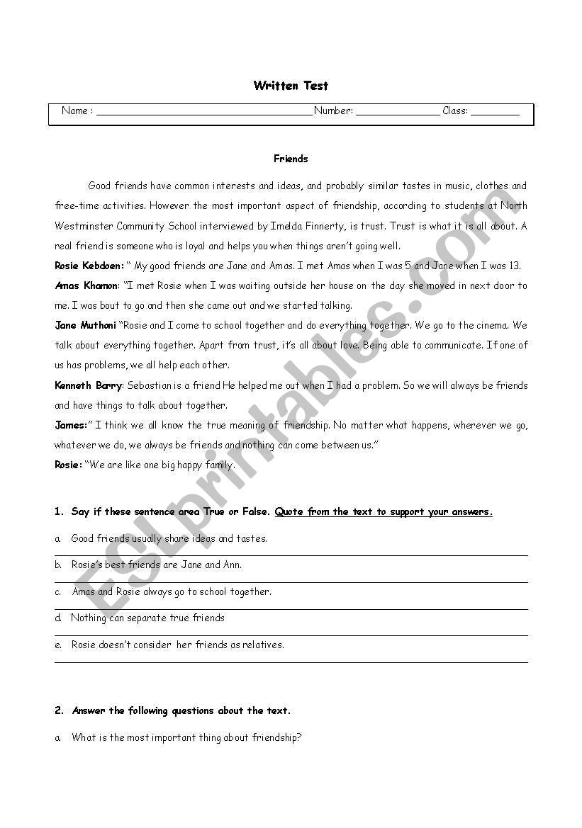 test on friendship worksheet