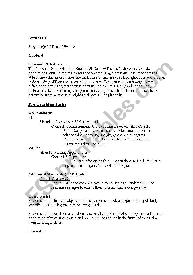 Inductive Metric Unit worksheet