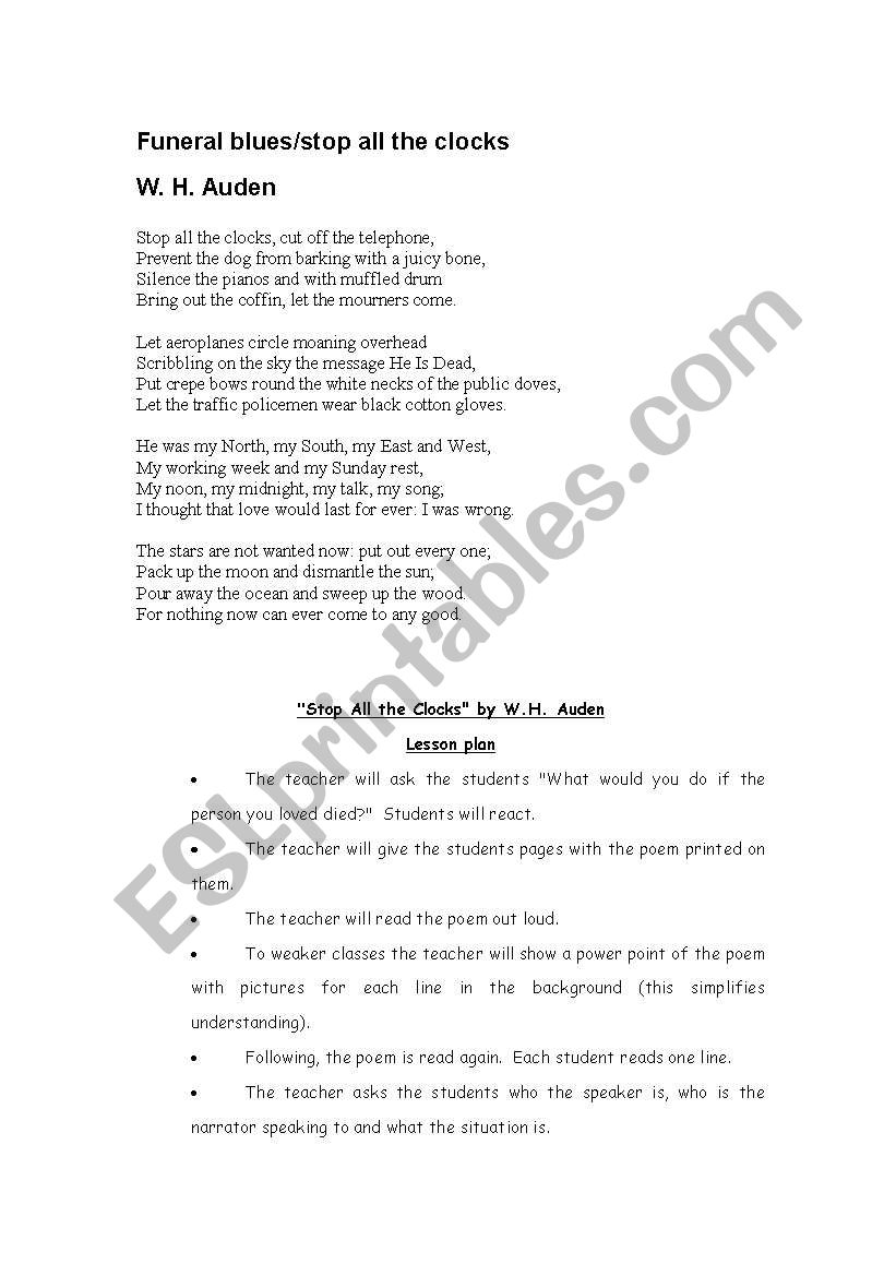 Funeral Blues / stop all the clocks  W.H. Auden- lesson plan