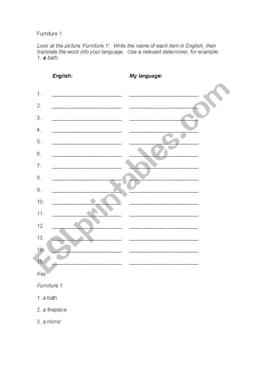 furniture vocabulary worksheet