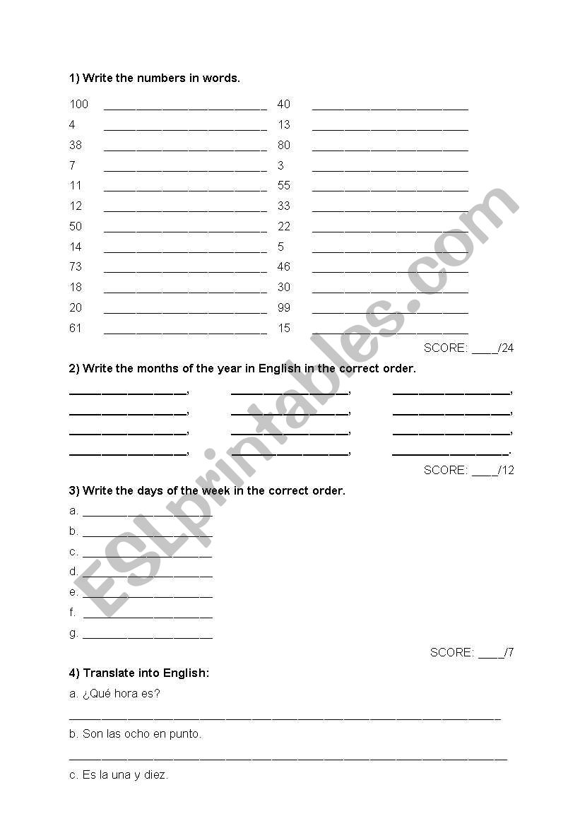 Test on days, months, numbers.