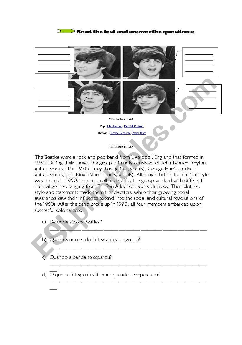 Beatles reading comprehension worksheet