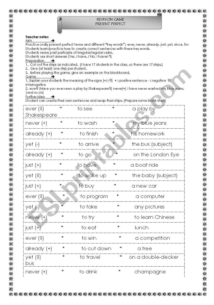 Present Perfect game  worksheet