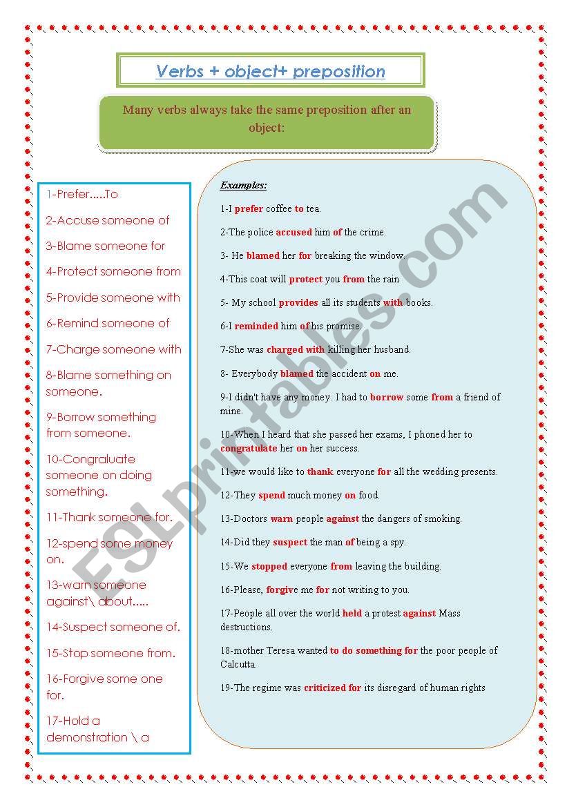 verbs +object +prepositions worksheet