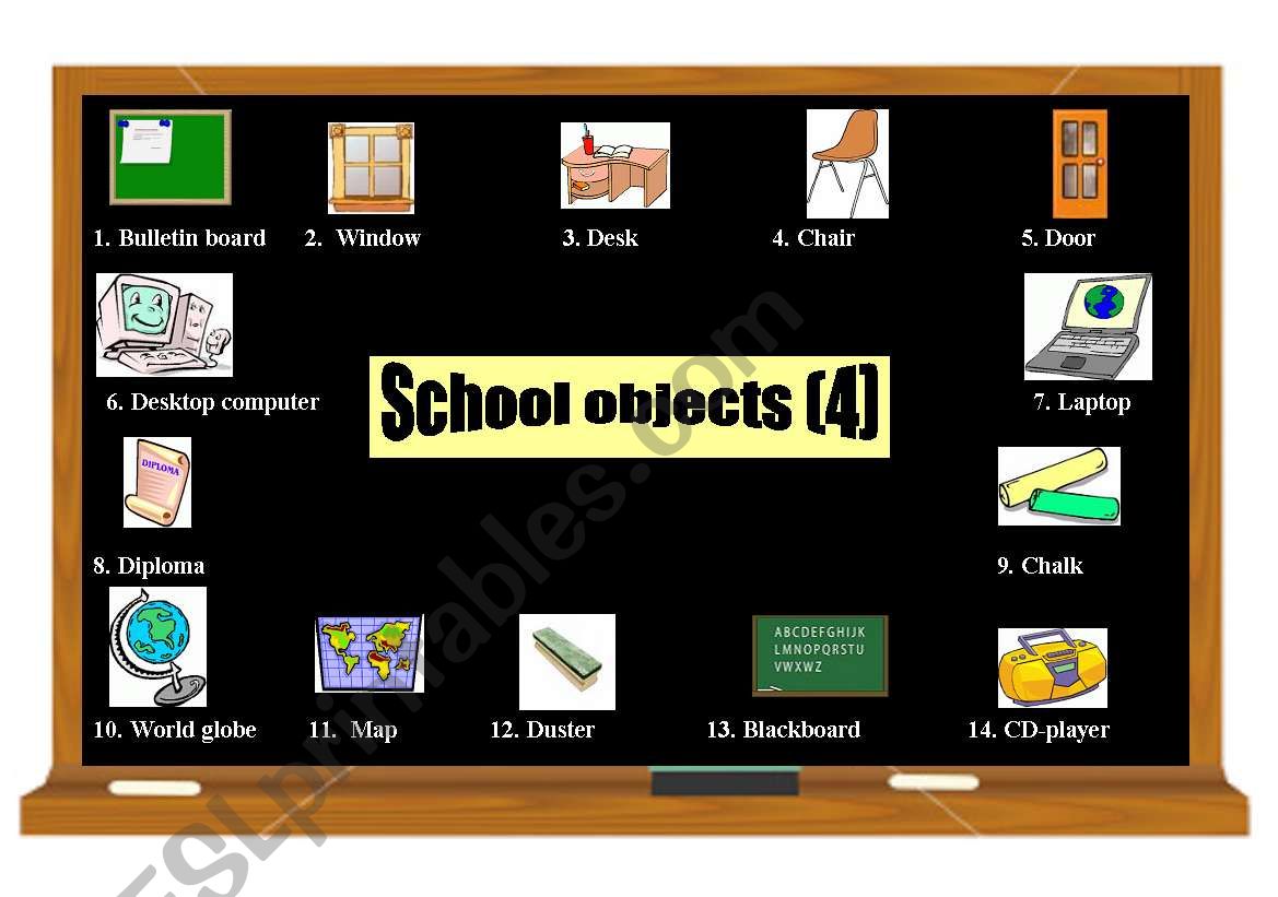 School objects pictionary (4) 2 pages (coloured and black & white)