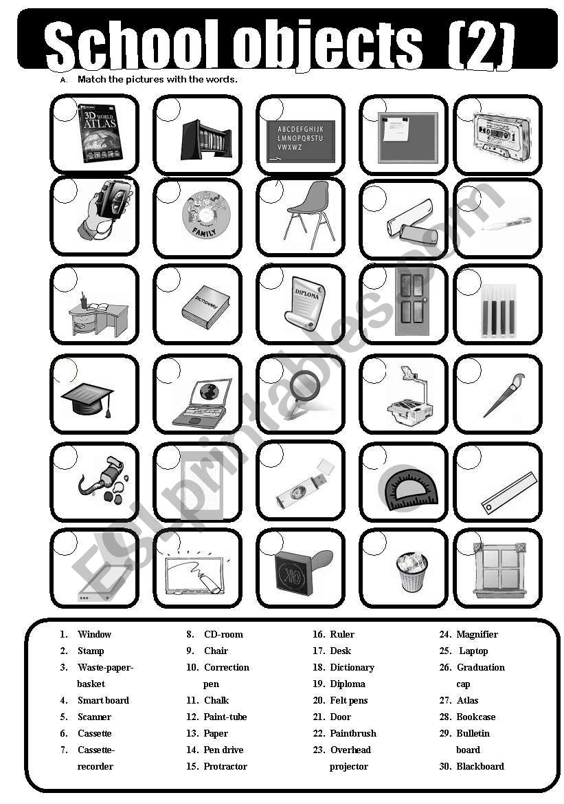School objects (2) - Black and white version. 