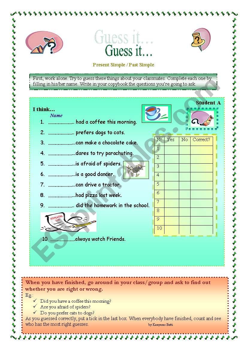 Guesses about classmates worksheet