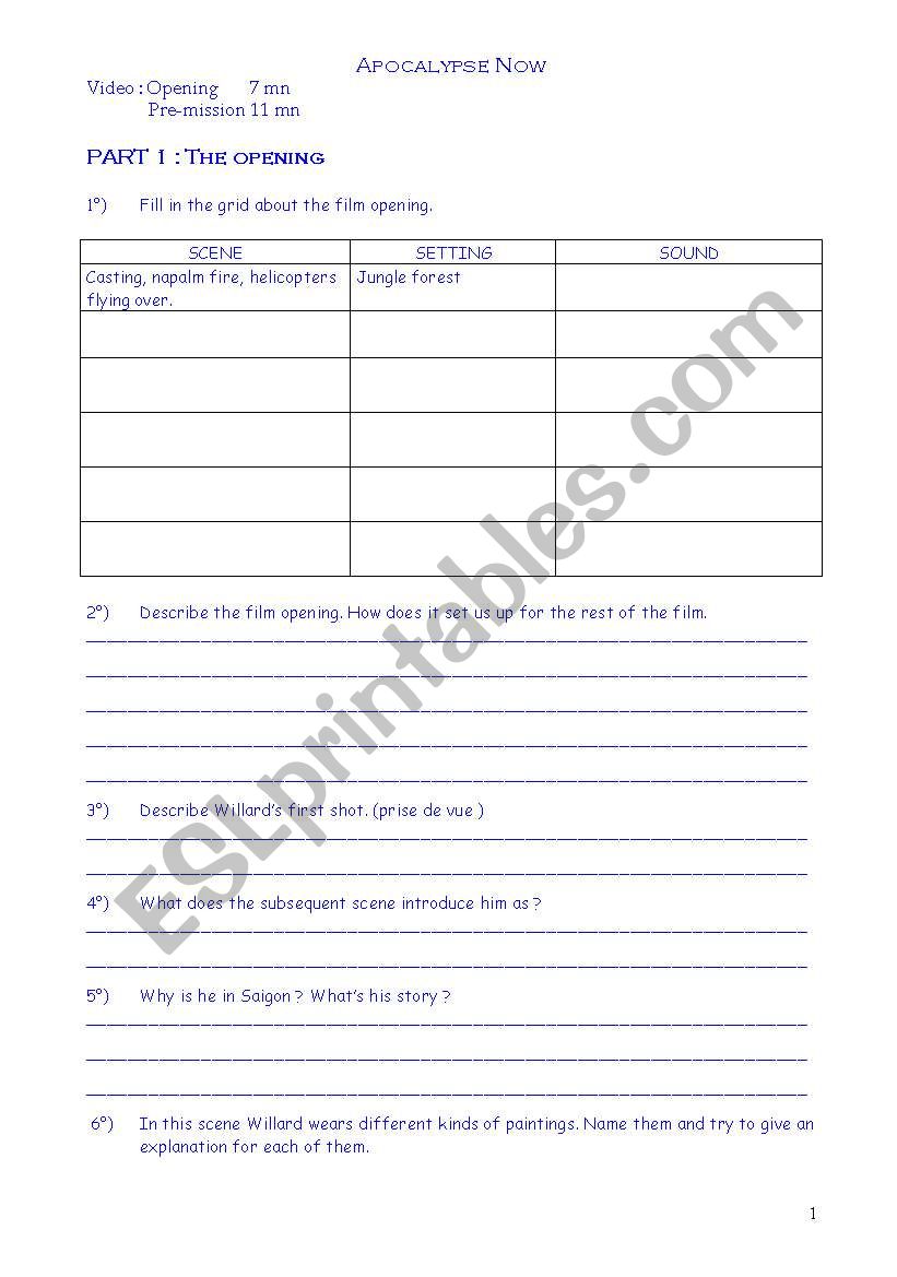 Apocalypse Now worksheet