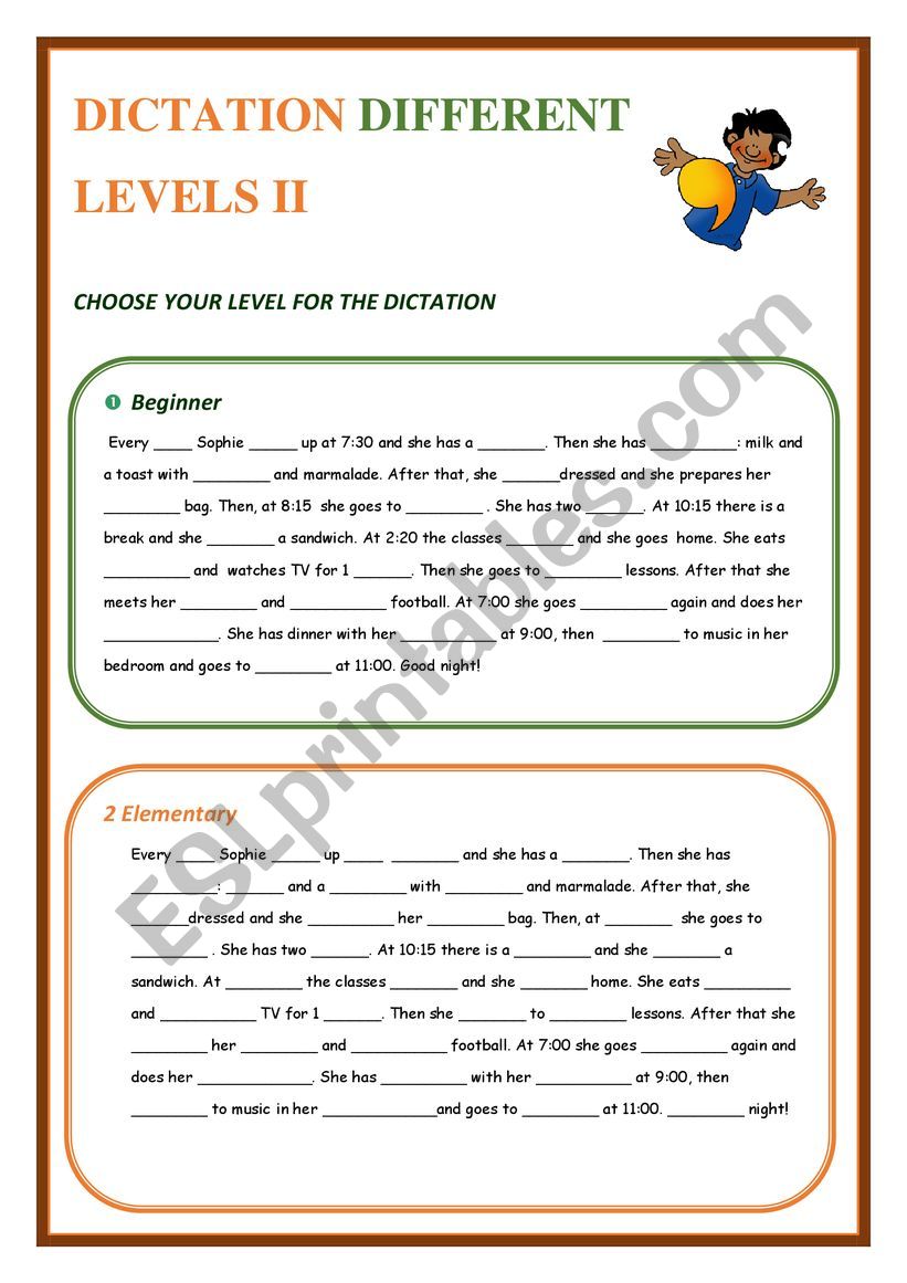 Dictation different levels 2 worksheet