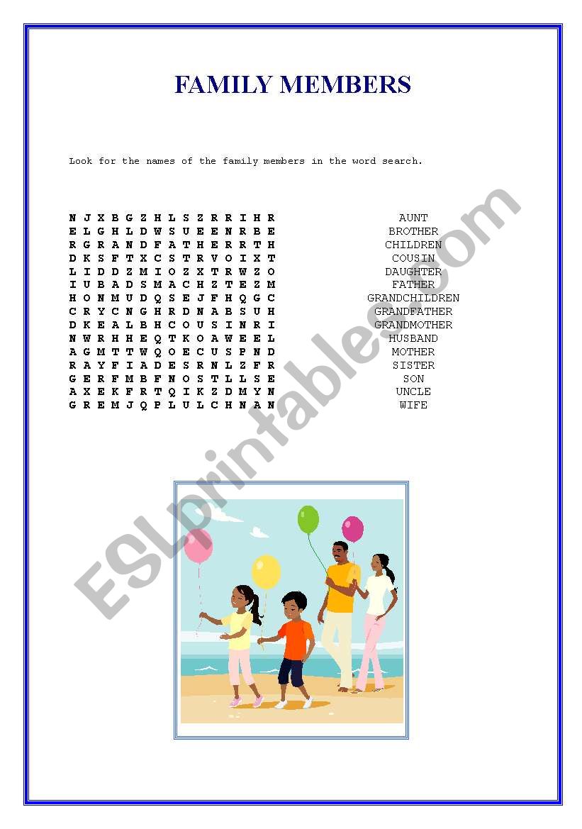 Family word search worksheet