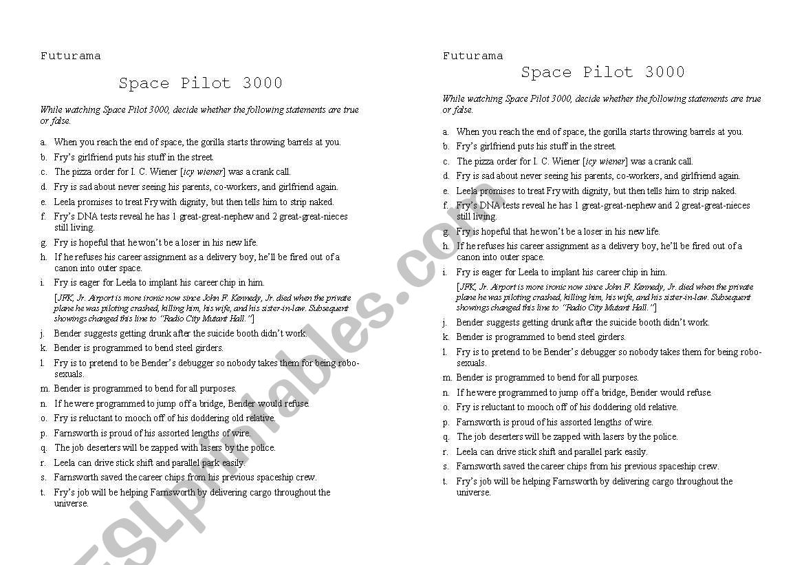Futurama - Space Pilot worksheet