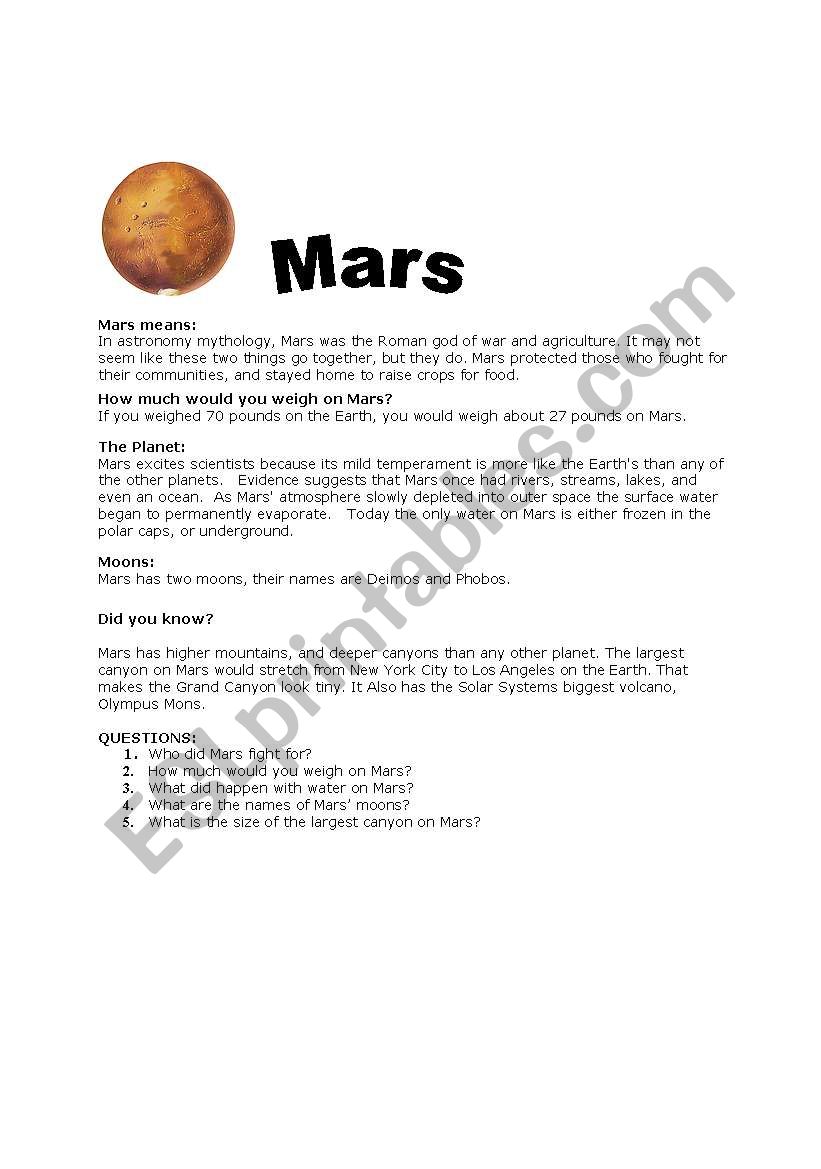 Reading comprehension-Mars worksheet