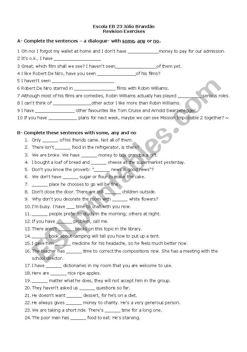 revision exercises some any no present perfect countable and uncountable nouns