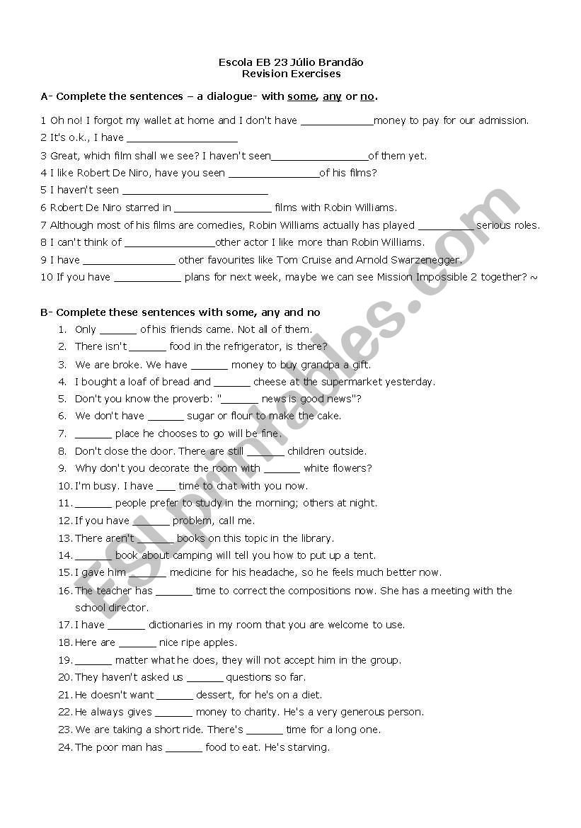 revision exercises some any no present perfect countable and uncountable nouns