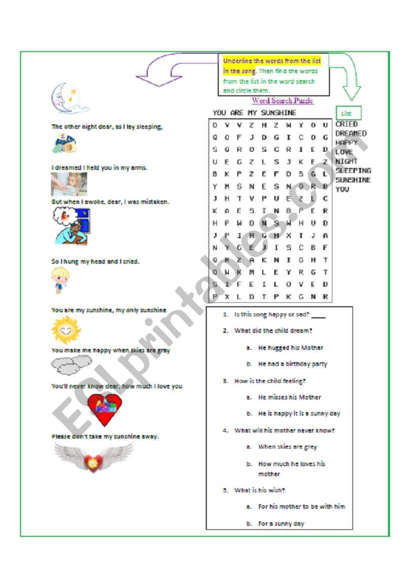 You Are My Sunshine Song First verse for young learners