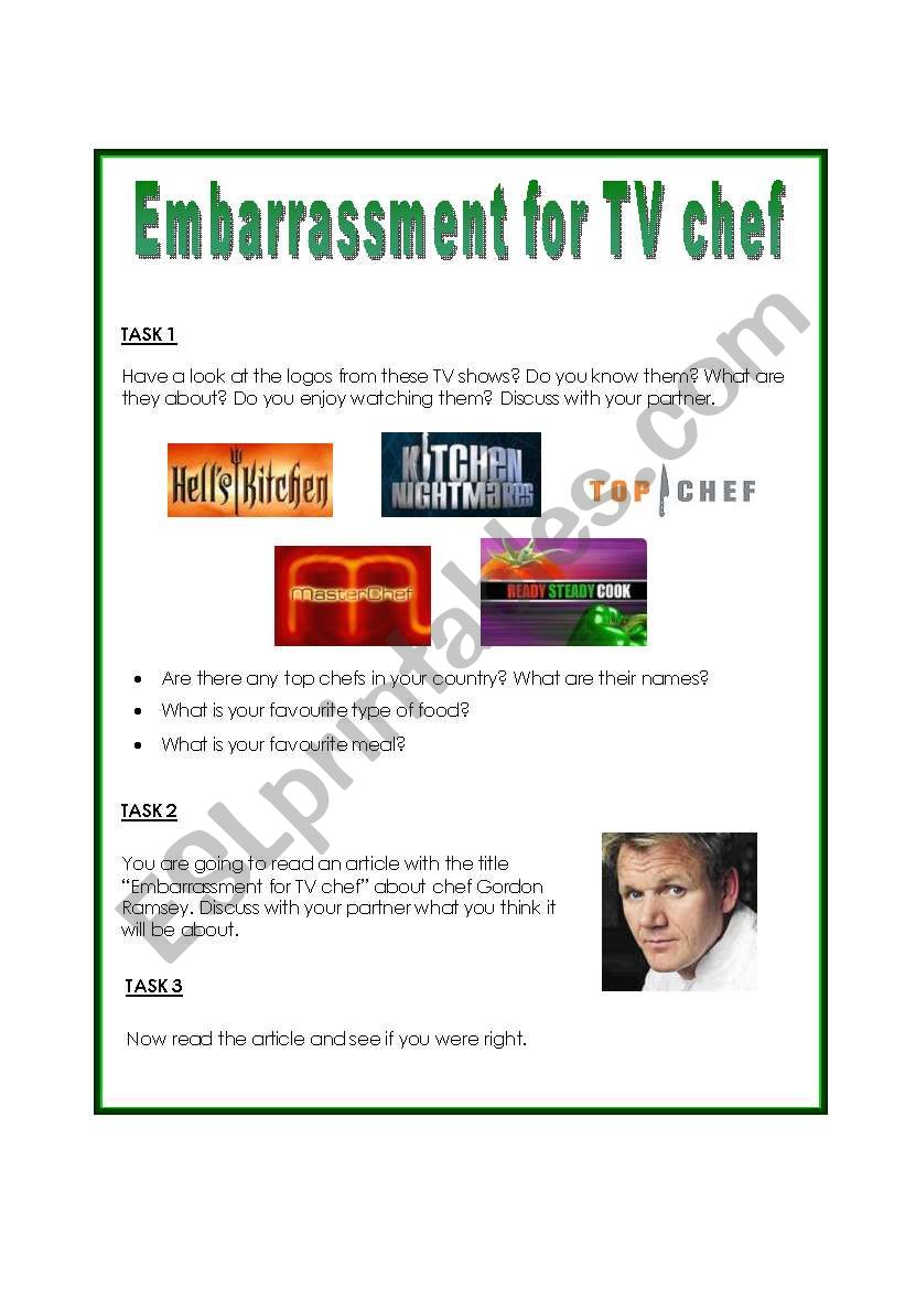 embarrassment for TV chef worksheet