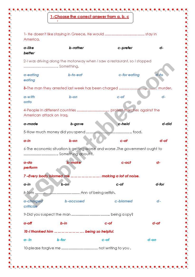 Choose the correct answer ( On verbs+ prepositions)