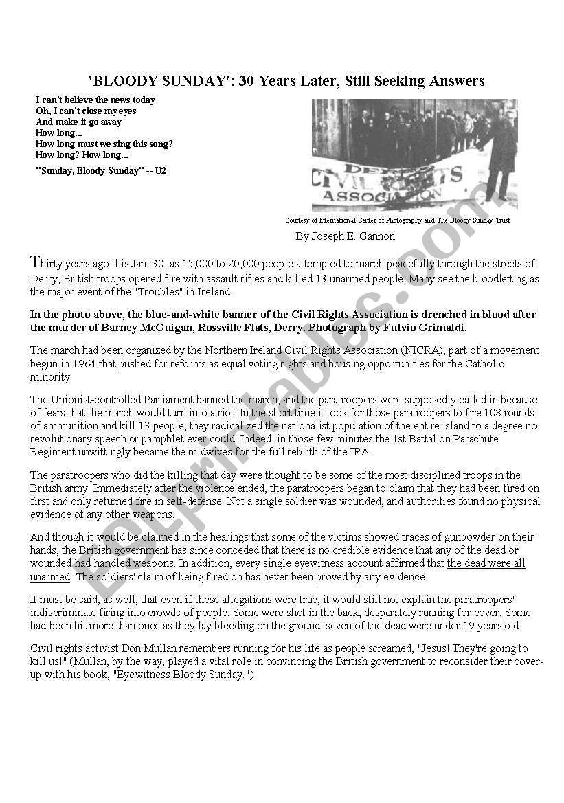 Bloody Sunday press article worksheet