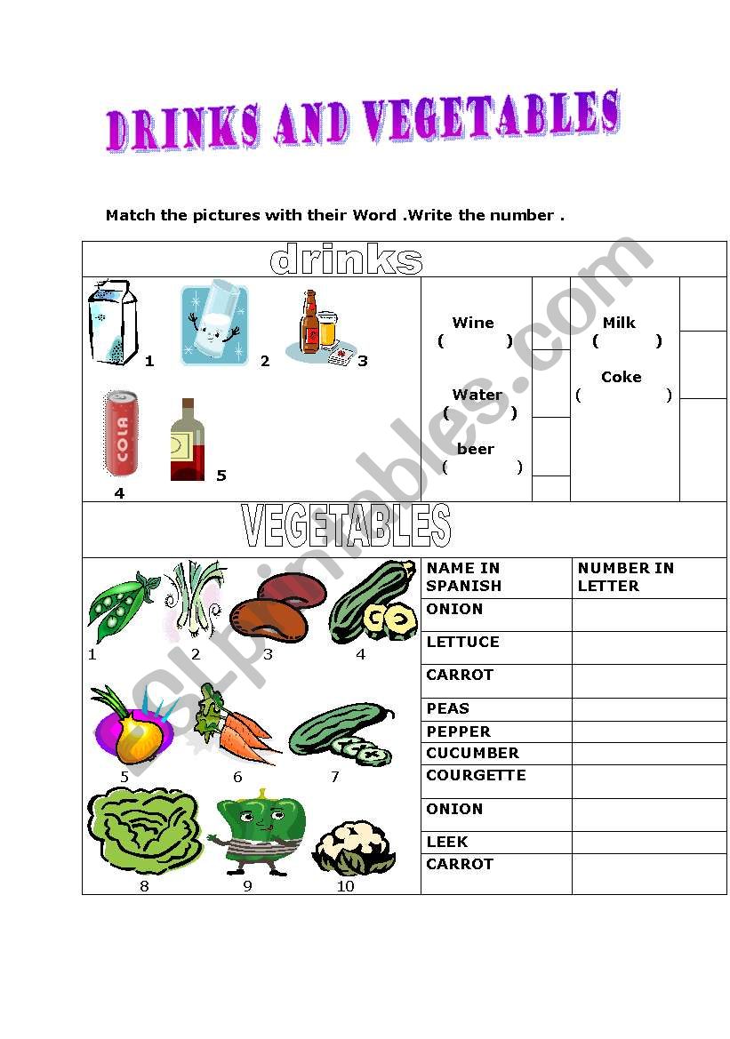 drinks and vegetables  worksheet