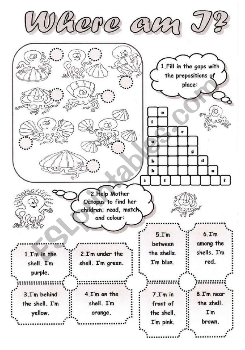 WHERE AM I? - PREPOSITIONS OF PLACE- READING MATCHING AND COLOURING