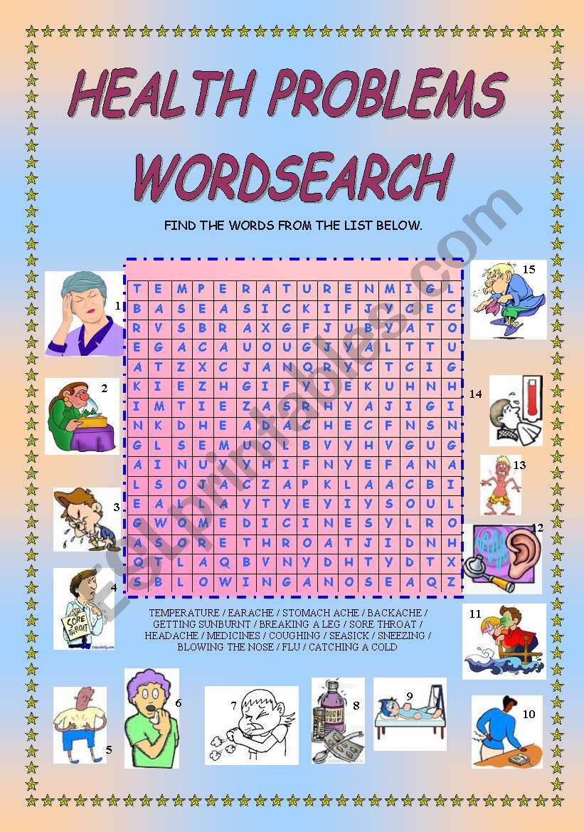 HEALTH PROBLEMS WORDSEARCH + KEY