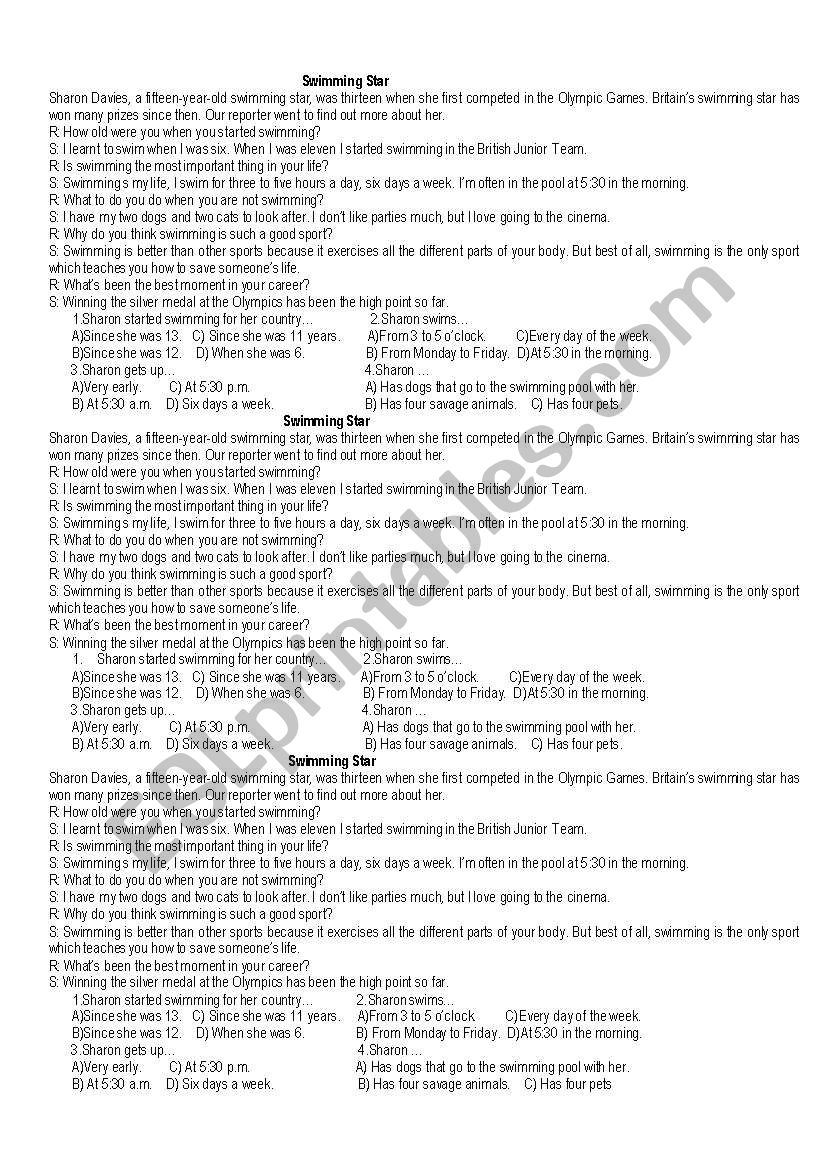 Sport - swimming star worksheet