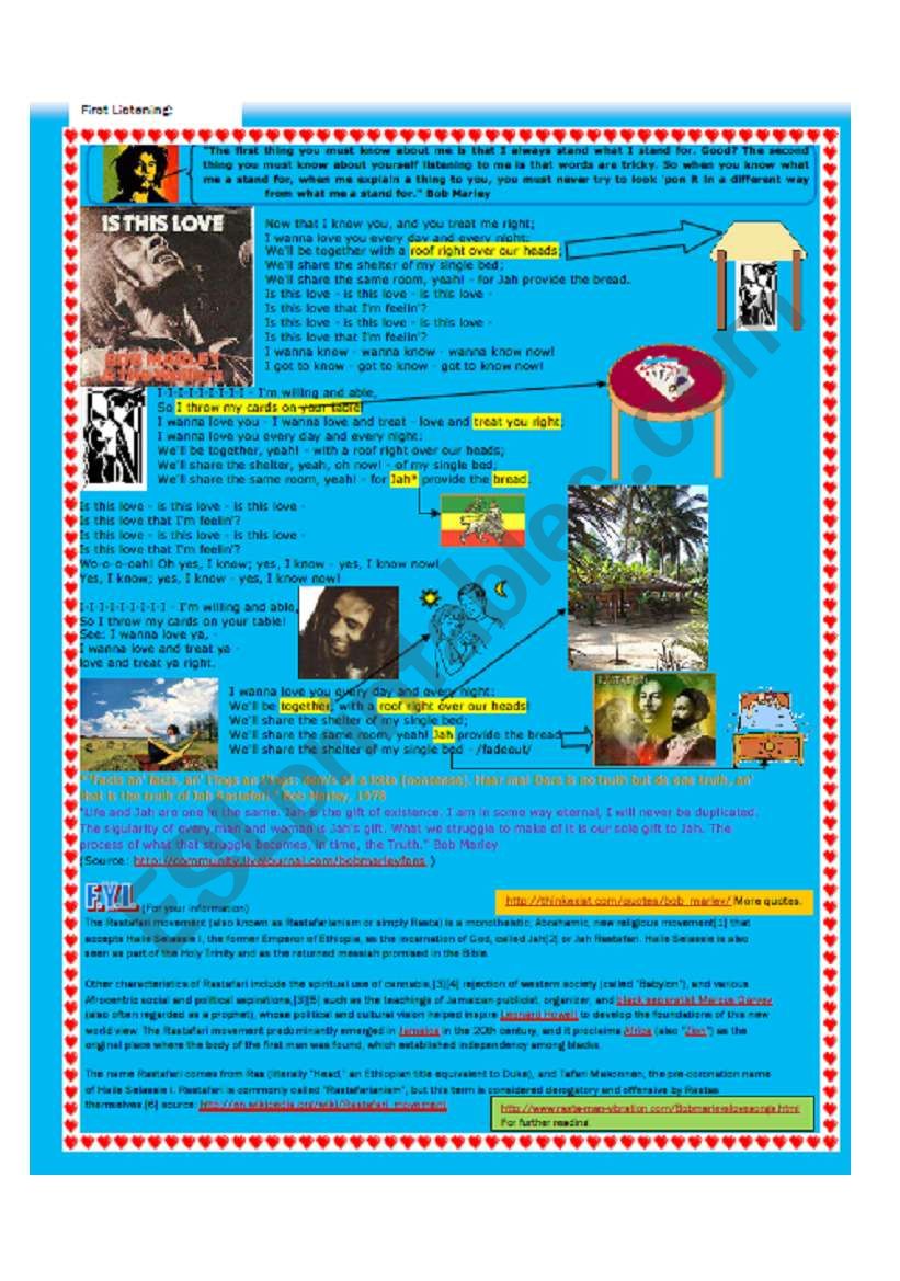 Page one of a worksheet on Bob Marleys song 