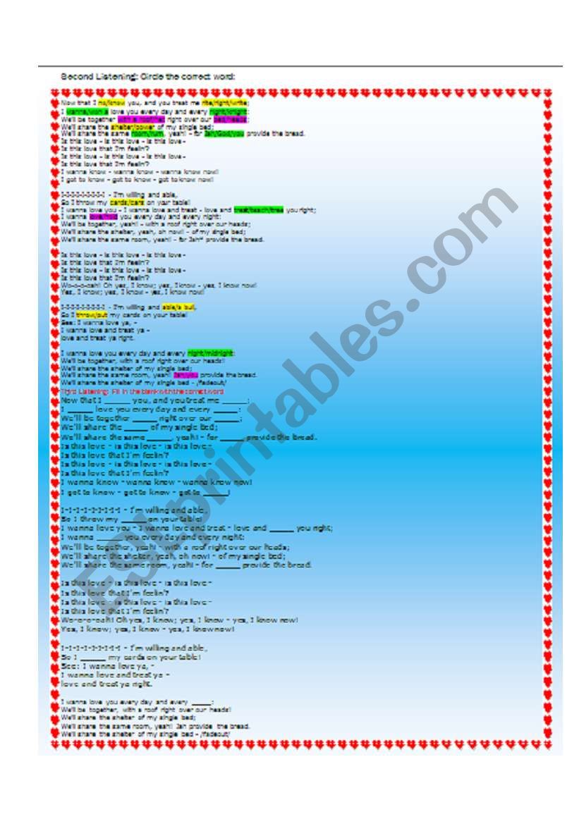 Bob Marleys song Is This Love page 2 of a 3 page listening exercise