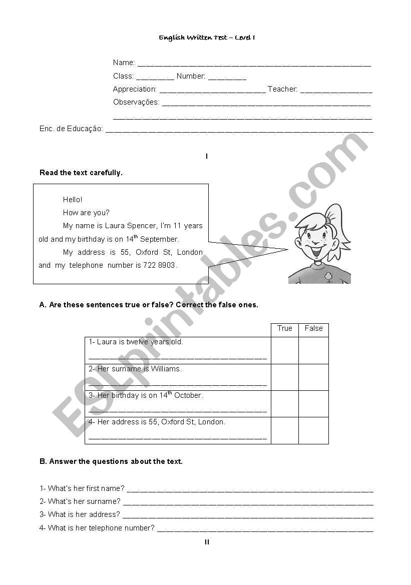 Evaluation Test worksheet