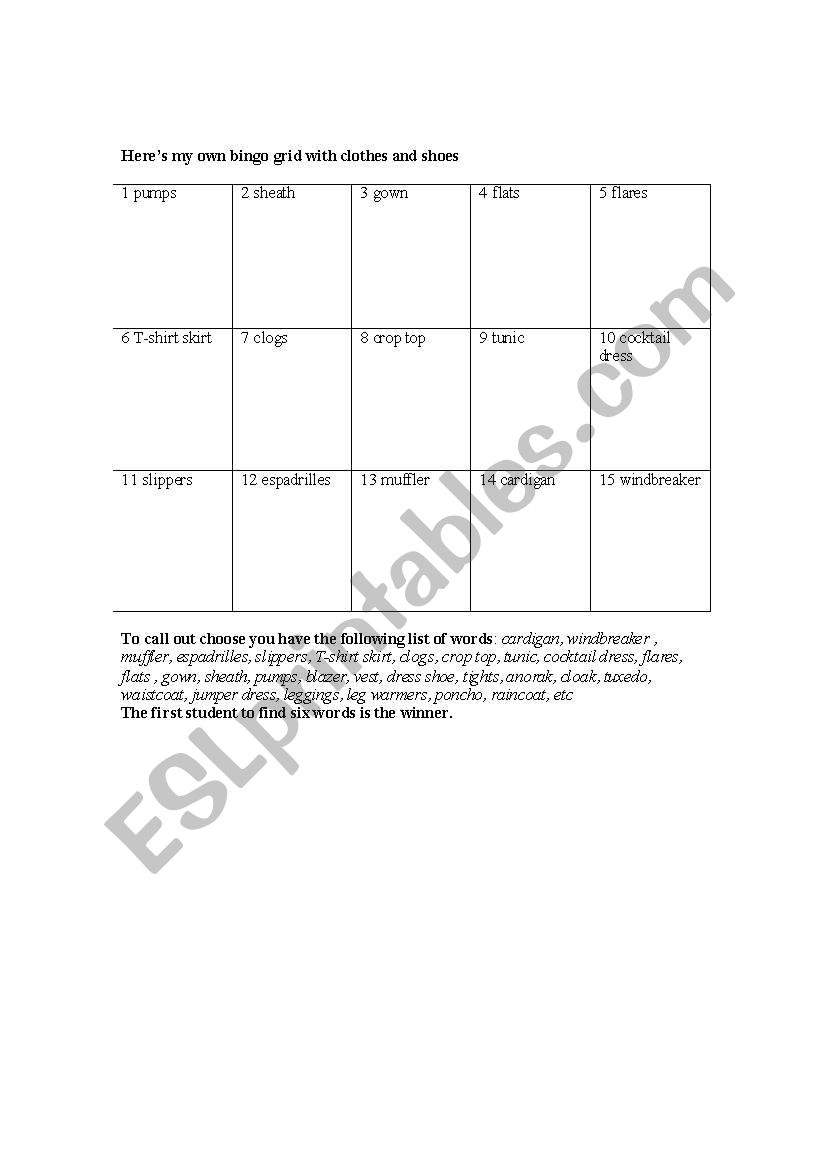  BINGO CLOTHES  worksheet