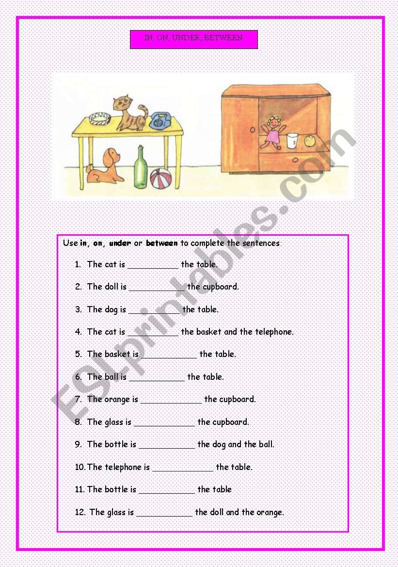 IN, ON, UNDER, BETWEEN worksheet