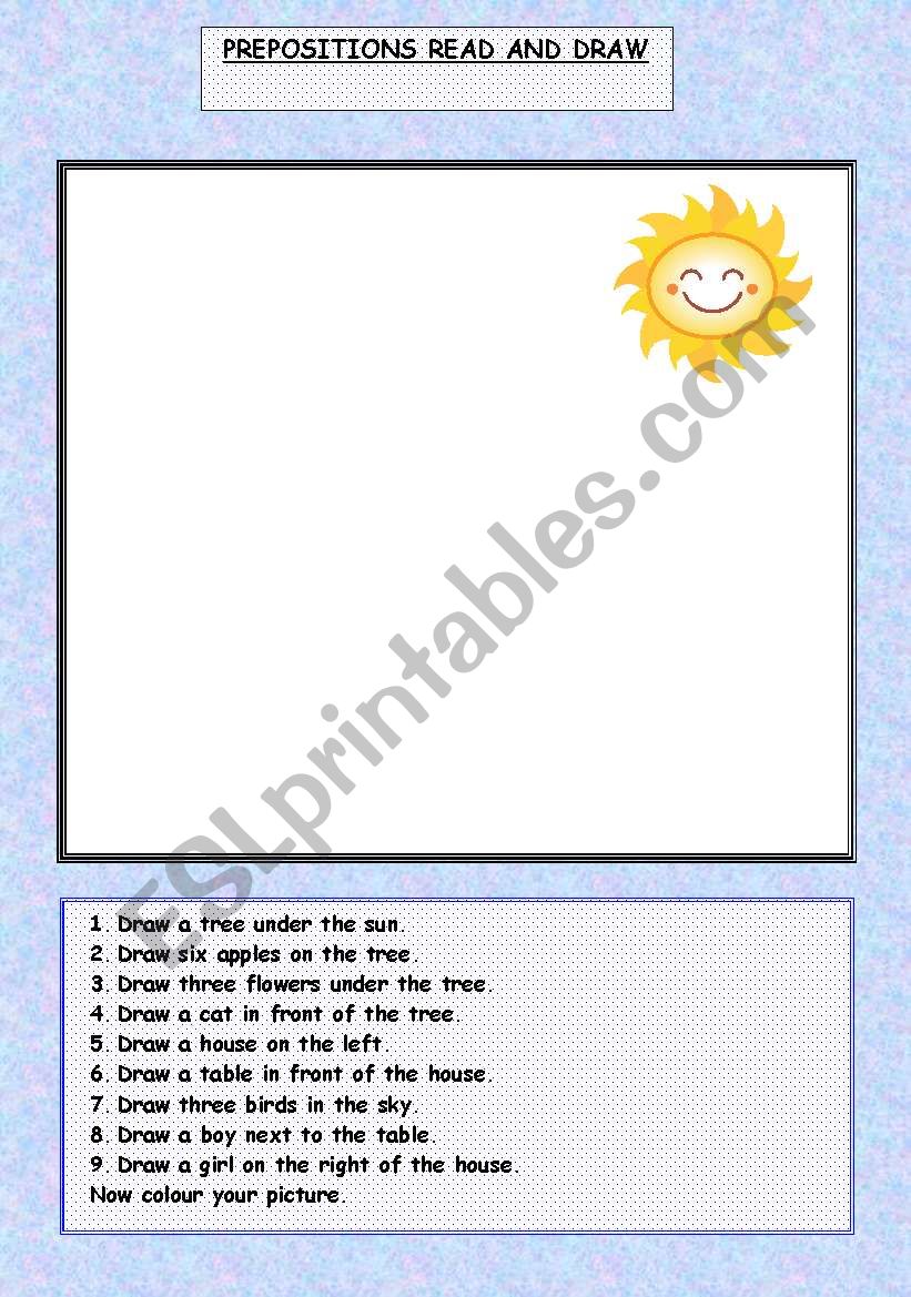 Prepositions read and draw. worksheet