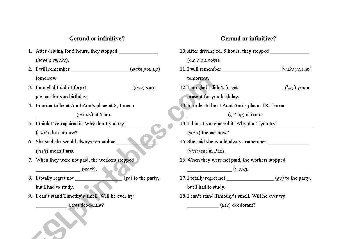 Gerund or infinitive worksheet