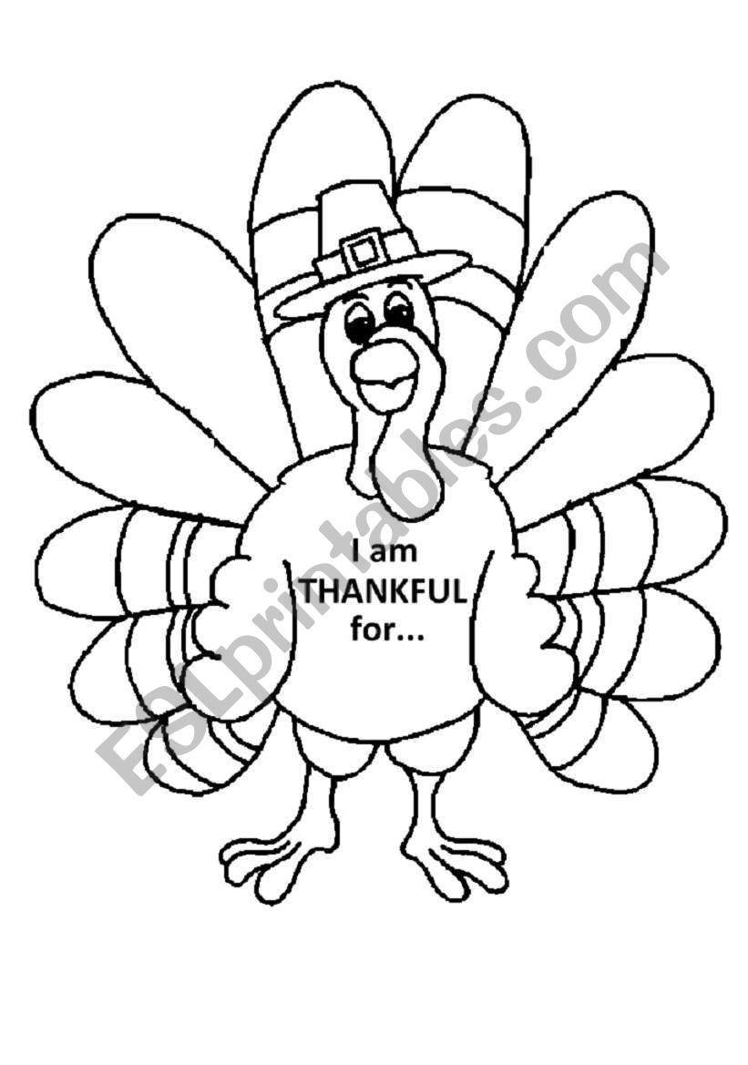 Turkey Coloring Page I Am Thankful For Thanksgiving Esl Worksheet By Etgaughan