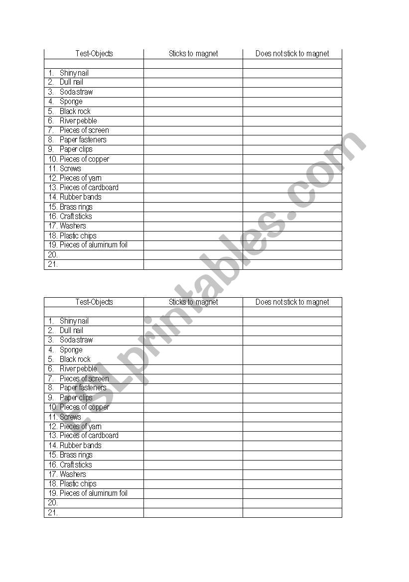 Magnet Table worksheet