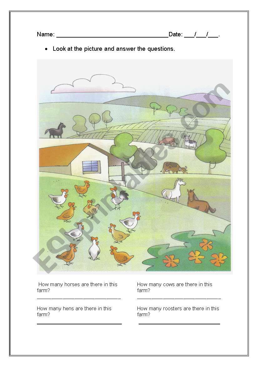 Farm animals and How many worksheet
