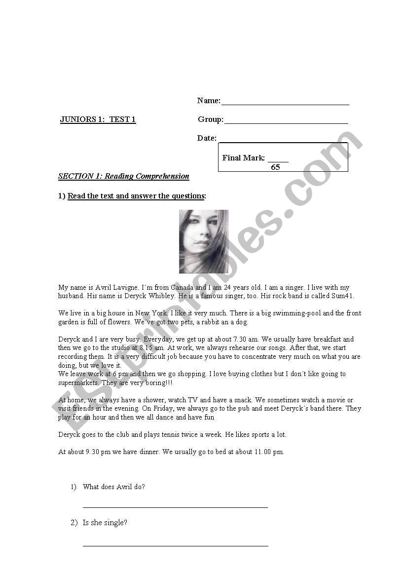 Test for Juniors 1 Beginners worksheet