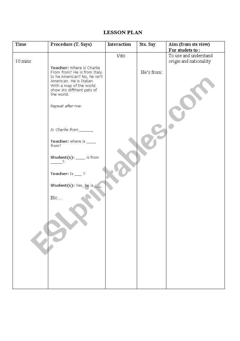Origin and Nationality worksheet