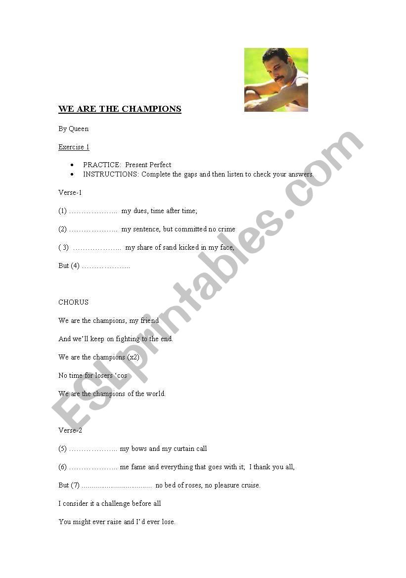We are the champions by Queen worksheet