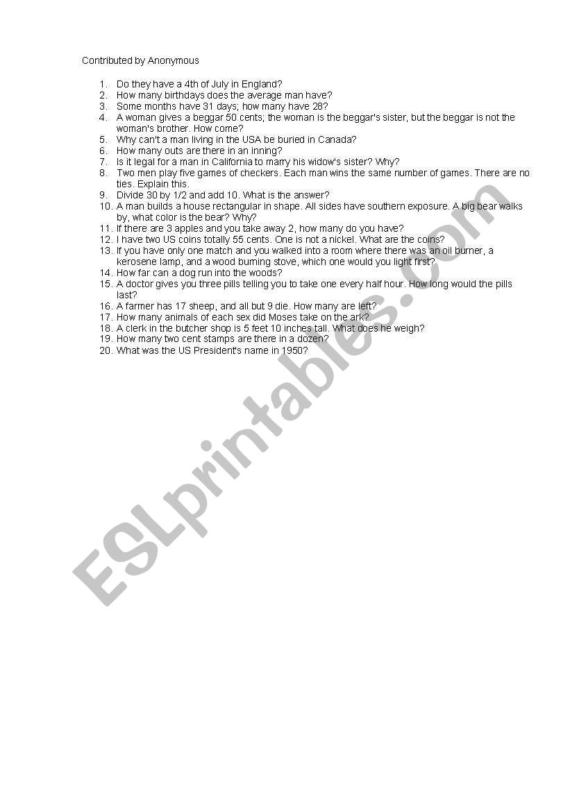 games worksheet