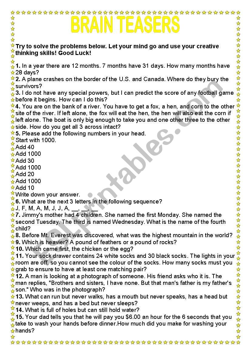 BRAIN TEASERS worksheet