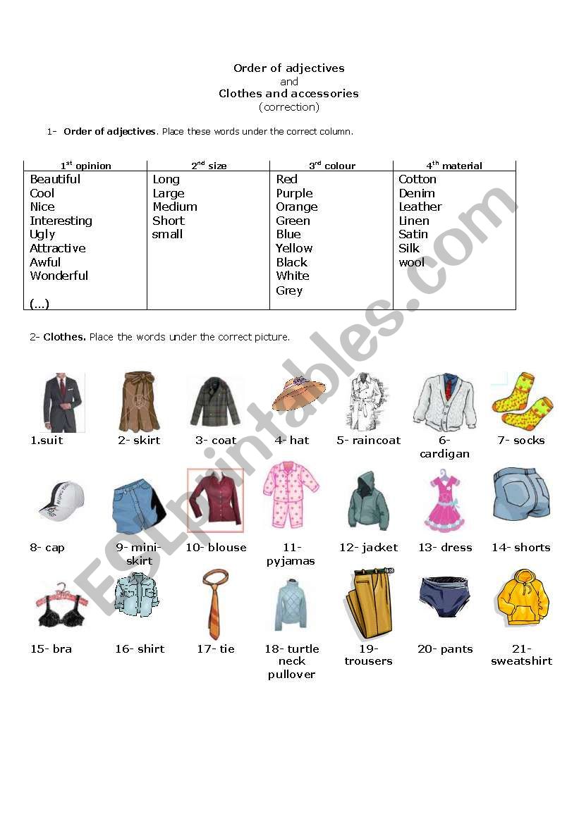 order of adjectives and clothes (correction)