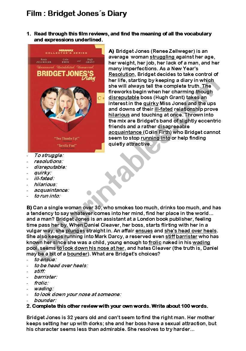 Bridget Jones film exercises worksheet