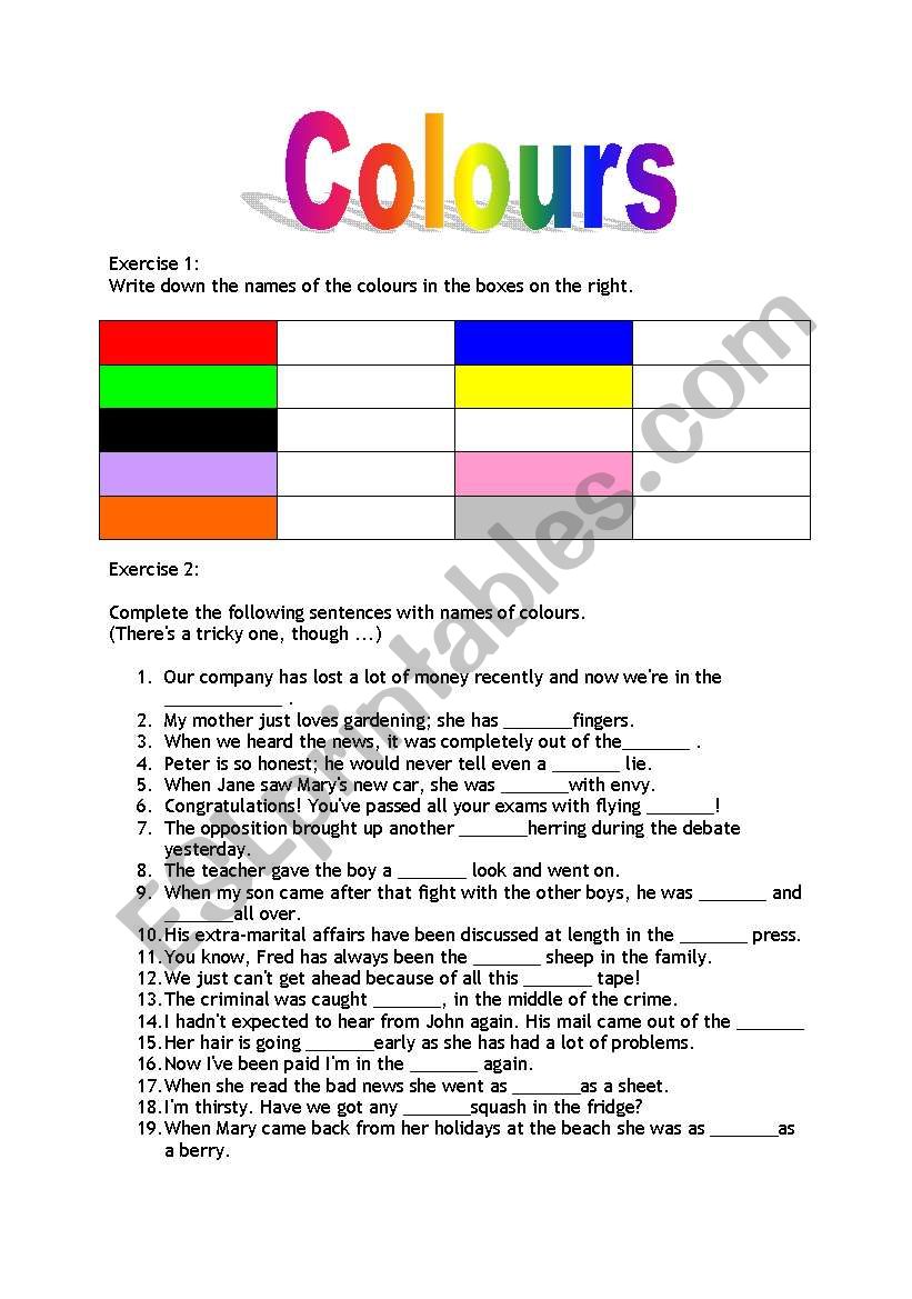 Colour expressions worksheet
