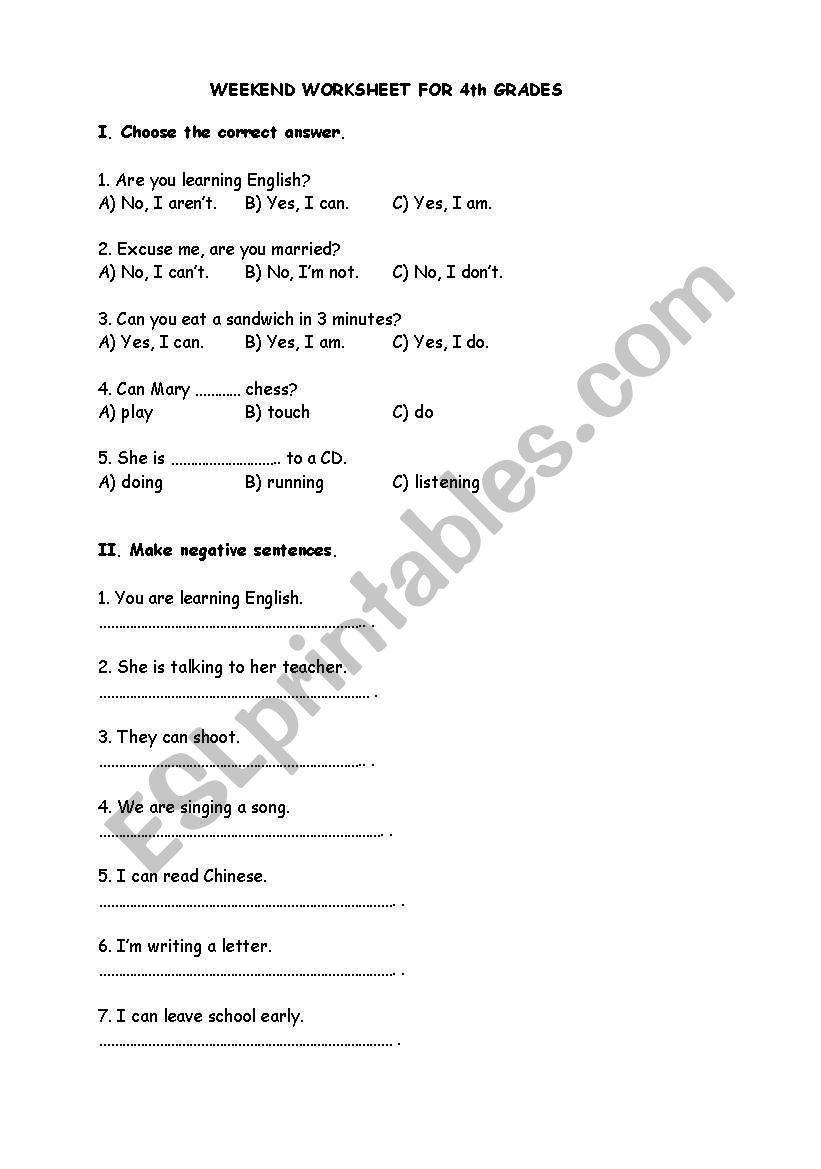 Worksheet about present continuous tense and can