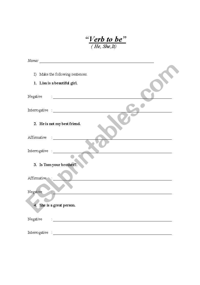 Verb to Be He, She, It worksheet